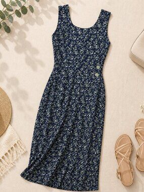 Metropolitan Rayon Floral Midi Dress Sleeveless Button Side Size M
